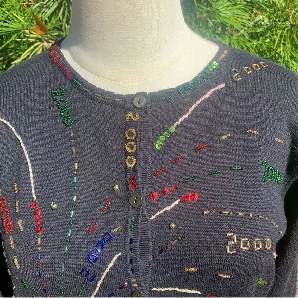 2000 Cardigan Sweater Embellished New Years Champagne Women’s M Y2K - Picture 3 of 14
